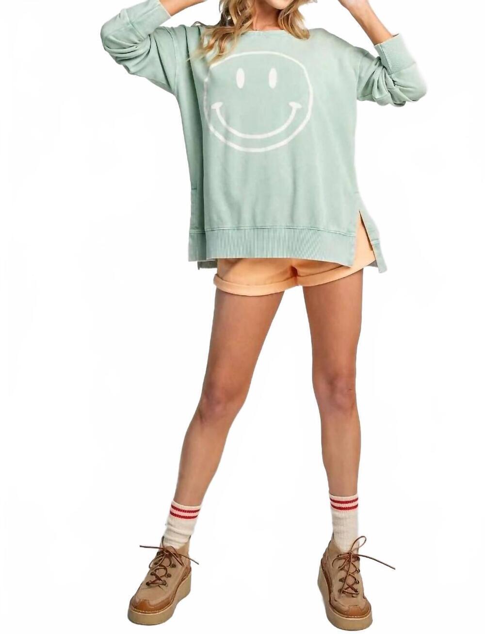 NEW EASEL mineral wash smiley happy face pullover in seafoam